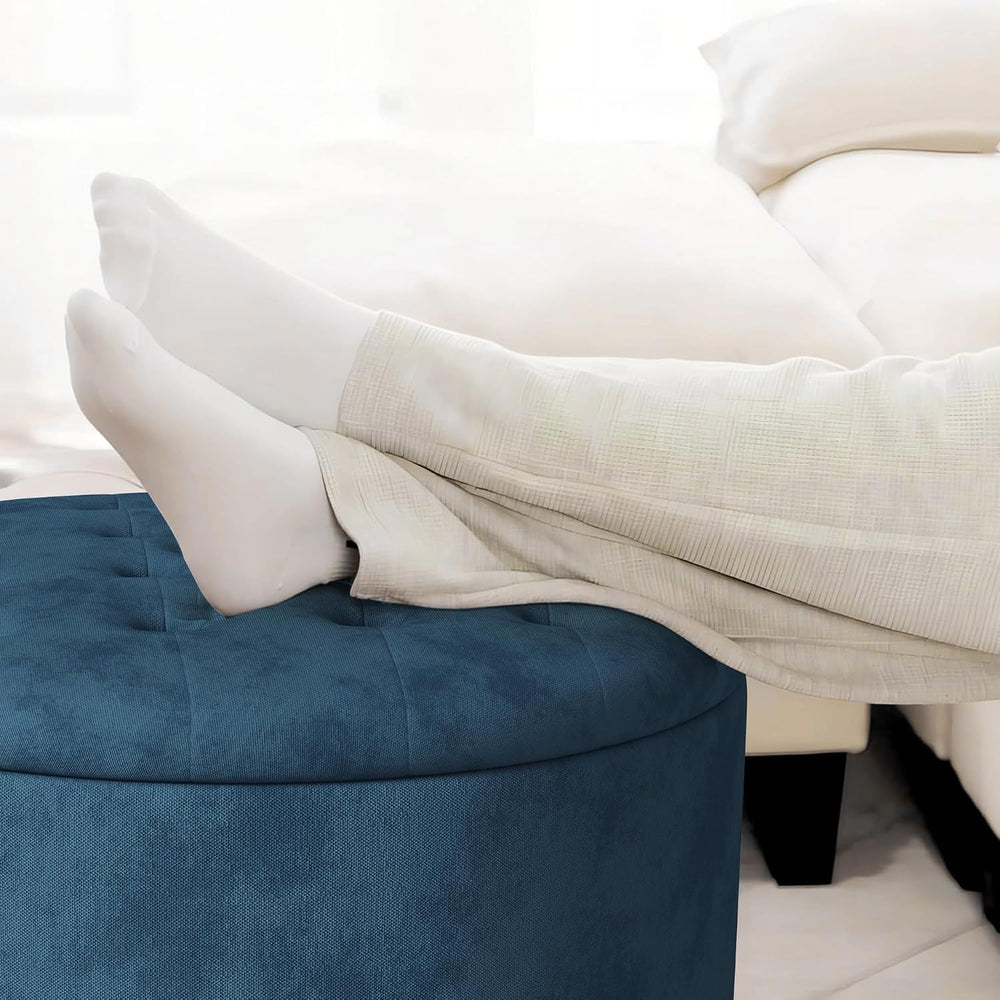 30 Inch Round Storage Ottoman,Modern Blue Tufted Ottomans,Circular Coffee Tab...