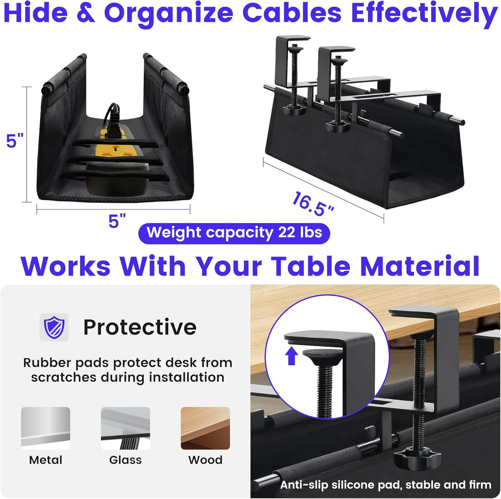 Under Desk Cable Management Tray, Clamp-On Cord Organizer，No Drilling Required, Holds Up to 22 lbs, for Cords, Routers, Power Strips (Black, 28.4inch)