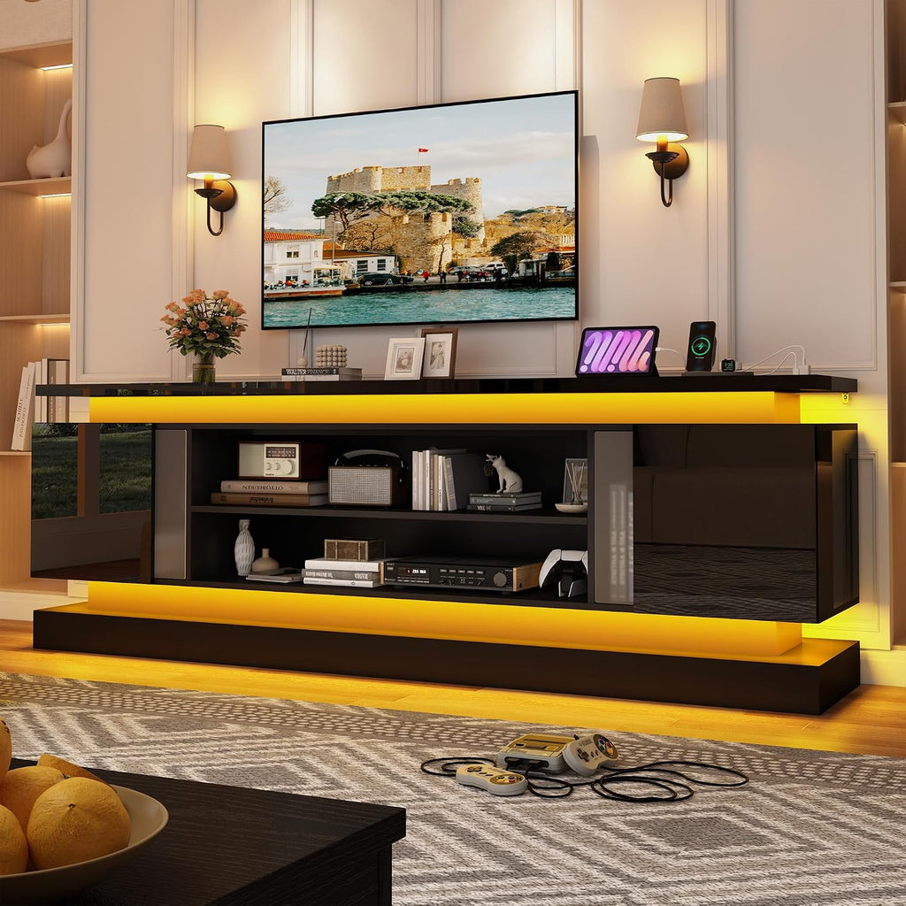 81" 2 LED TV Stand for TVs 90/85/75 inch,High Gloss Gaming Tall Entertainment Center w/Power Outlet,6000-Colors LED Lights,Modern TV Media Console Table with 2 Cabinets for Living Room,Black