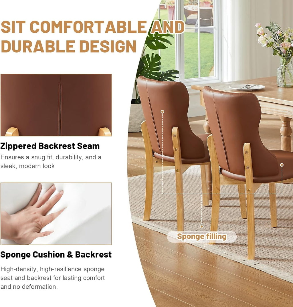 Faux Leather Dining Chairs Set of 2, Upholstered Dining Room Chair with Button Tufted, Solid Wood Legs, Mid Century Modern, Luxury Wingback Side Chair for Living Room, Kitchen, Restaurant, Brown