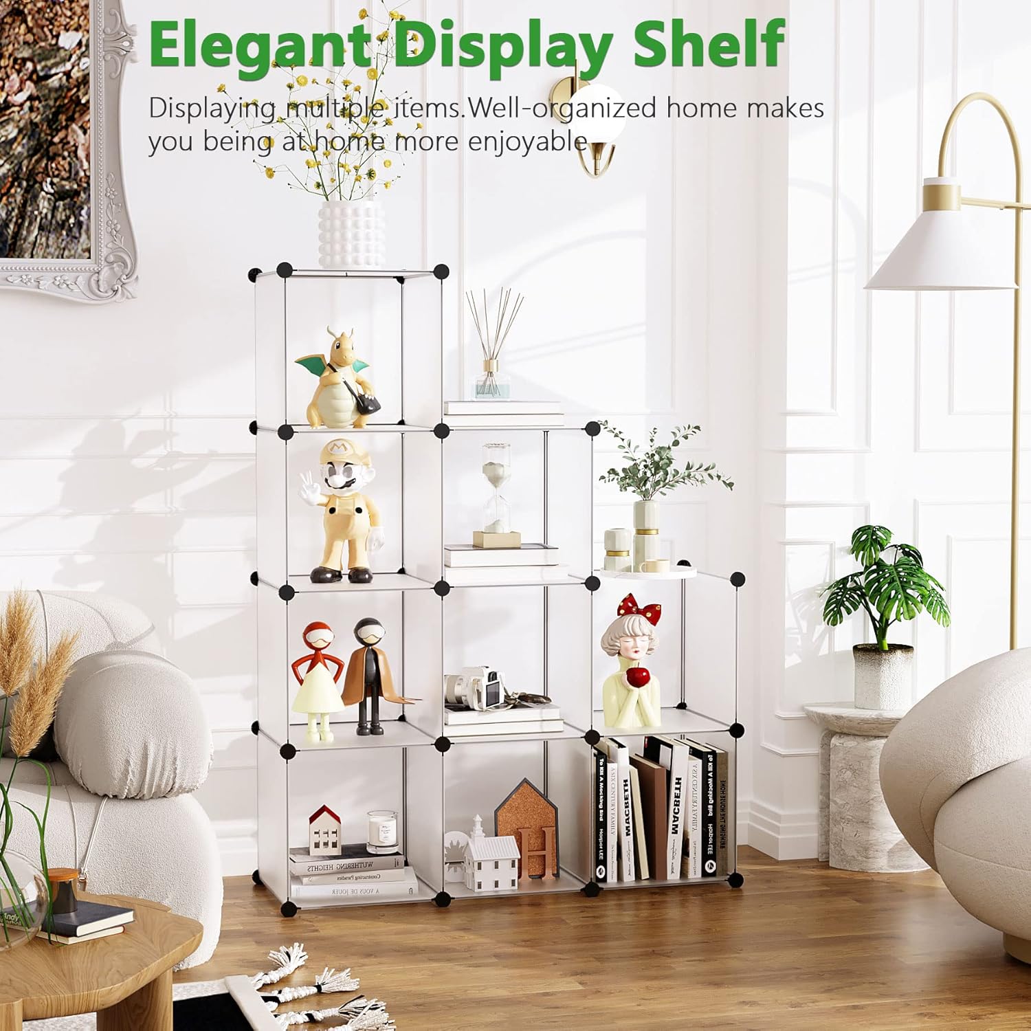 C&AHOME Cube Storage, 9-Cube Plastic Closet Cabinet Organizer, DIY Stackable Bookshelf, Modular shelving Units Ideal for Home, Office, Kids Room, 36.6"L x 12.4" W x 48.4" H Translucent White SBTM3009A
