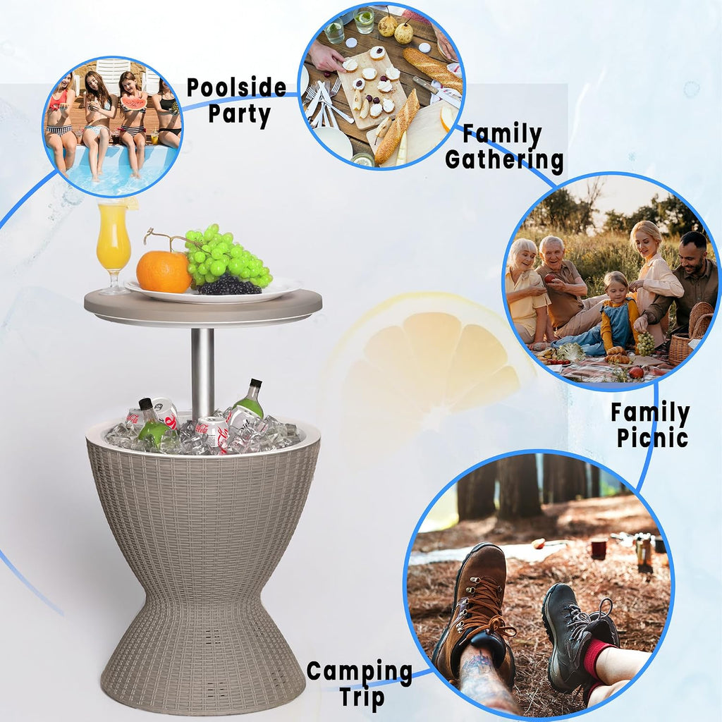EasyUp Outdoor Cooler Bar Table – 8 Gallon Outdoor Patio Cooler Table with Drain Plug, Adjustable Height Rattan-Style Resin Cool Bar for Poolside, Deck, BBQ & Parties (Grey)