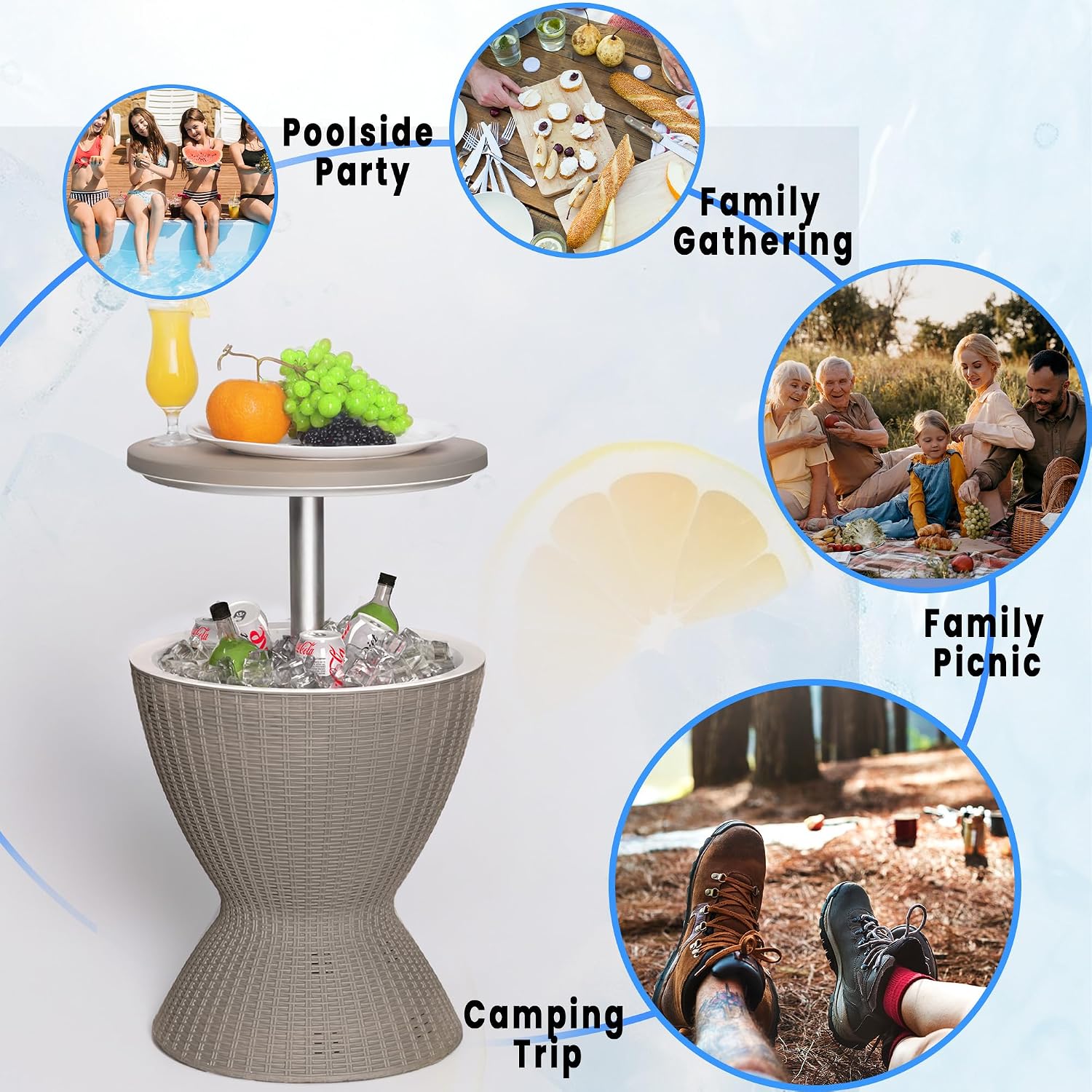 EasyUp Outdoor Cooler Bar Table – 8 Gallon Outdoor Patio Cooler Table with Drain Plug, Adjustable Height Rattan-Style Resin Cool Bar for Poolside, Deck, BBQ & Parties (Grey)