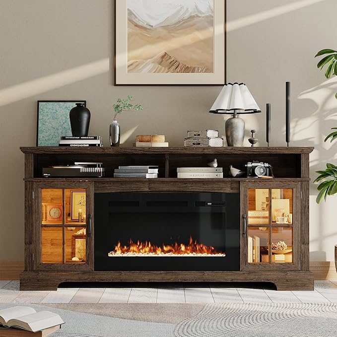70" Farmhouse TV Stand with 36" Fireplace for TVs up to 80", Media Entertainment Center with Adjustable Shelves and Large Storage Cabinets, for Living Room, Brown & Black