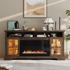 70" Farmhouse TV Stand with 36" Fireplace for TVs up to 80", Media Entertainment Center with Adjustable Shelves and Large Storage Cabinets, for Living Room, Brown & Black