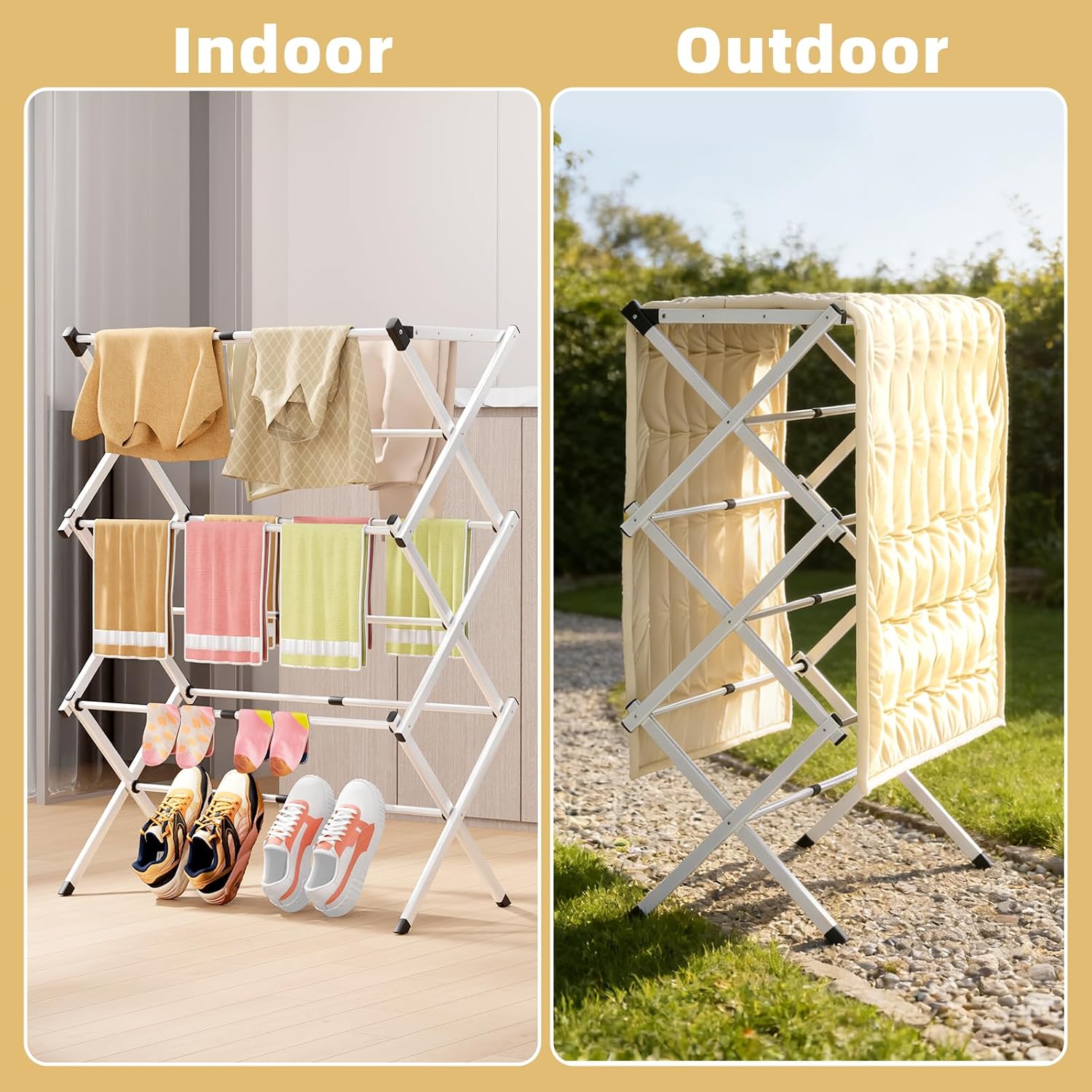 BAKON Space Saving Foldable Clothes Drying Rack, Extendable Rustproof Laundry Rack for Indoor Outdoor Use, No Assembly Required, Suitable for Bathroom Laundry Room Apartment RV, White