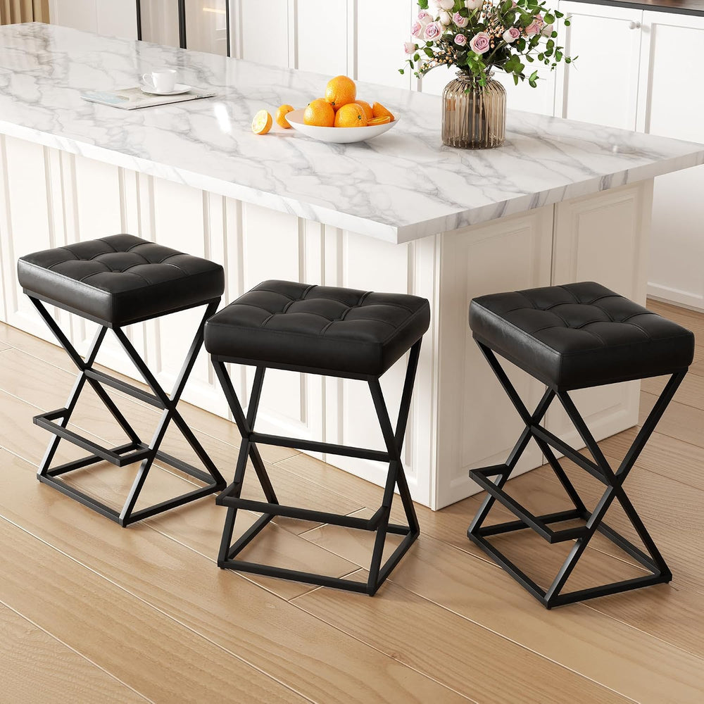Bar Stools Set of 2, 26" Leather Counter Height Bar Stools, Black
