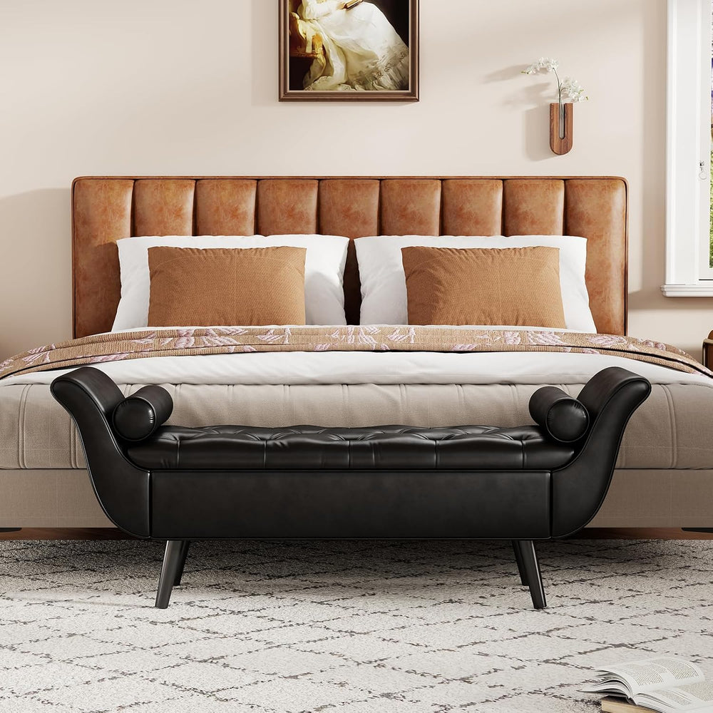 Faux Leather Storage Bench for Bedroom End of Bed, 65-Inch Rolled Arm Upholst...