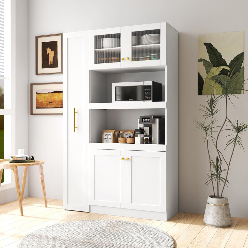 70.87"Expandable Kitchen Pantry Cabinet with 7-Tier Pull-Out Shelves & 2-Pack Organizers – Multi-Purpose Farmhouse Storage with Smooth-Glide Slides,Pantry Organizers for Kitchen,Dining Room (White)