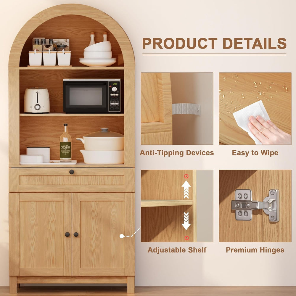 Arched Pantry Cabinet, 71" Kitchen Pantry Cabinet with Smooth Gliding Dr...