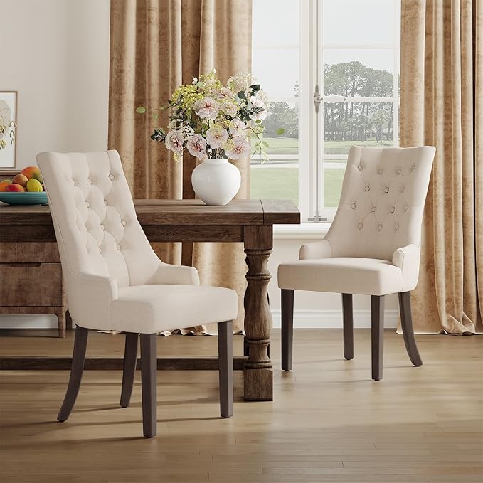 COLAMY Fabric Side Dining Chairs Set of 6, Wingback Upholstered Dining Room Chairs with Tufted Button, Living Room Chairs for Home Kitchen, Beige