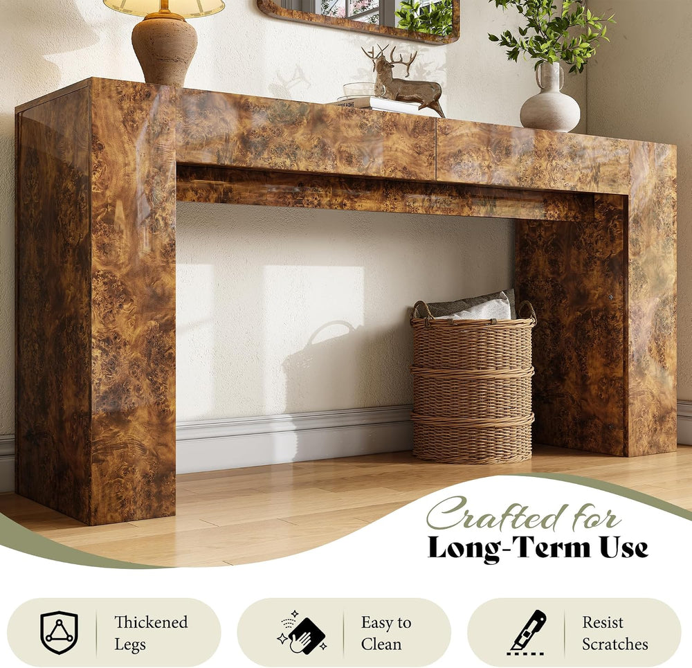 AMERLIFE 63" Modern Burl Wood Console Table with High Gloss Finish | Ent...