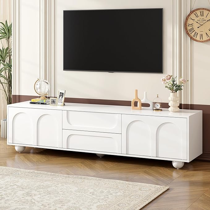 Ball & Cast 70" Modern TV Stand for TVs up to 75", Cream Media Console with Arched Push-to-Open Doors,2 Cabinets & 2 Drawers, 5 Iron Round Legs,Entertainment Center for Living Room,Bedroom,White