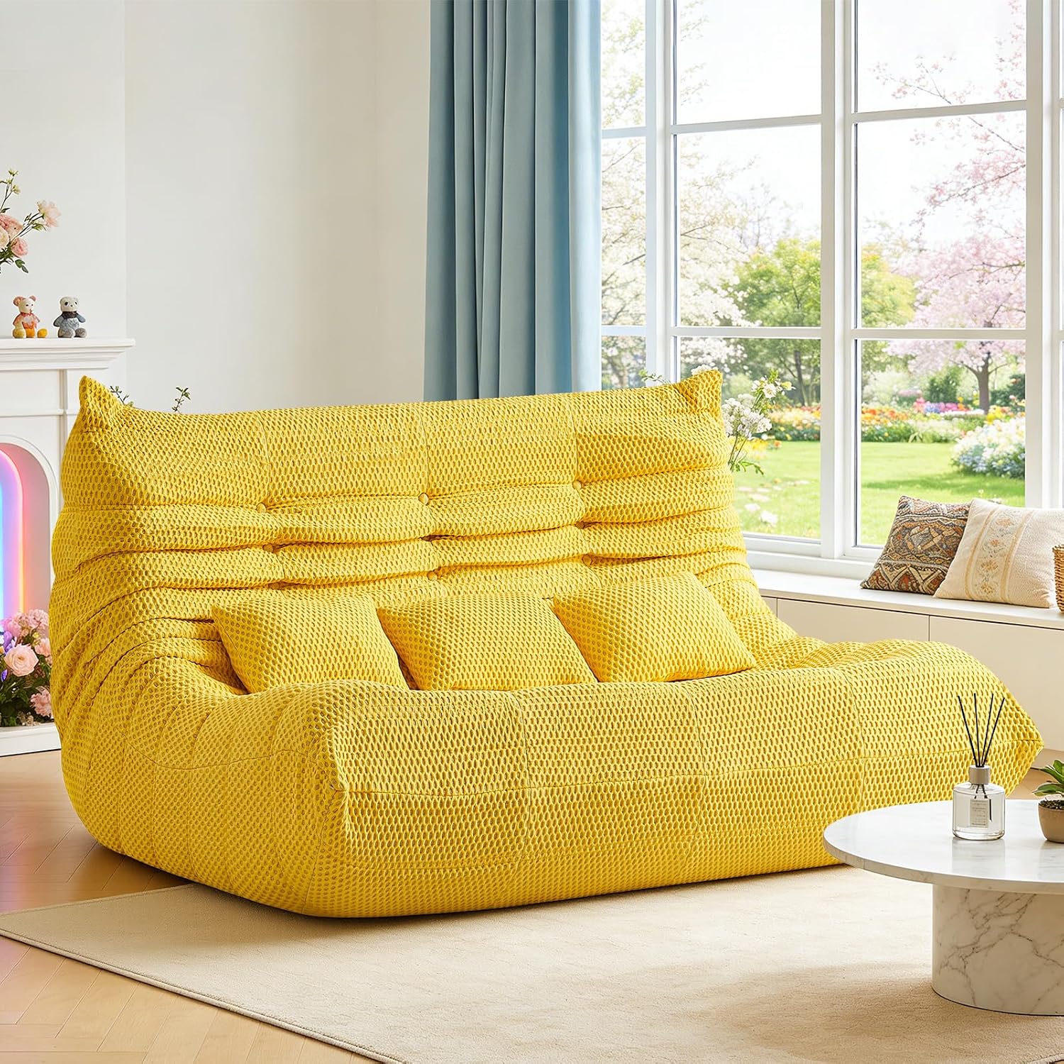 Bean Bag Chair for Adults - Large Bean Bag with Three Pillows, Oversized Boneless Chair with High-Rebound Memory Foam, Lazy Floor Sofa for Reading, Living Room, Bedroom (3-Seater, Yellow)