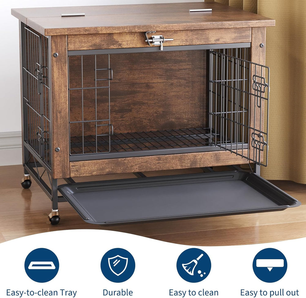 Rustic Brown Wooden Dog Crate End Table with Dual Doors & Lockable Wheels...