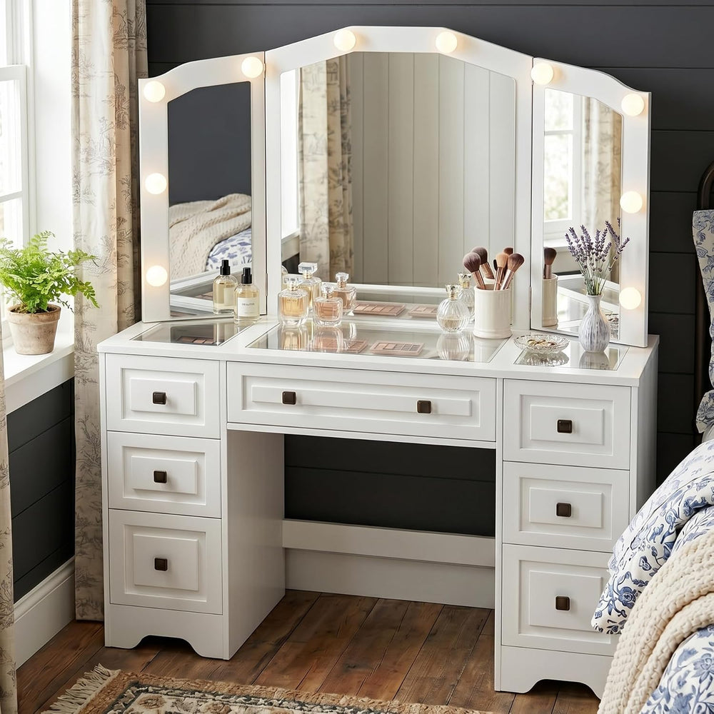 FUSUNBAO White Lighted Vanity Desk, Tri-Fold Mirror, 5 Drawers, Outlets | Ret...