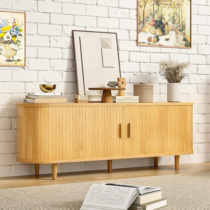 58" Mid Century Modern TV Stand, Wood TV Consoles with Sliding Doors and Power Outlet, Entertainment Center with Adjustable Shelves, Fluted TV Stands for Living Room, Oak