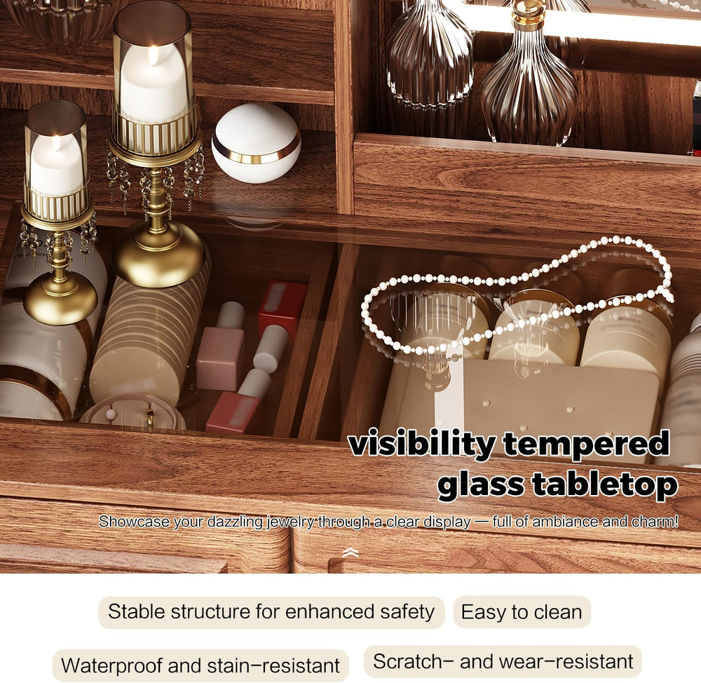 Arulvmrn 43” Wooden Makeup Vanity Set with Mirror and Lighted,Modern Vanity D...
