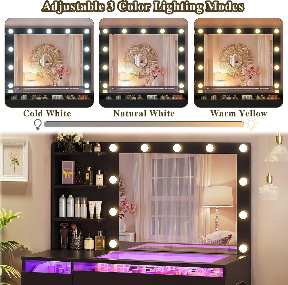 HUAHUU Vanity Desk with Lighted Mirror & Transparent Top, Makeup Vanity D...