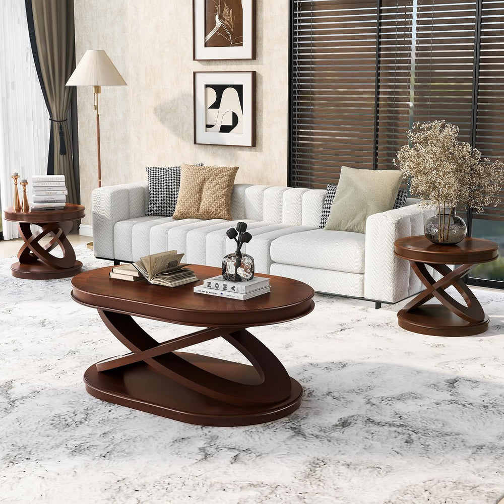 Retro Coffee Table Sets 3 s, Wood Living Room Table Set Include 44" Oval...