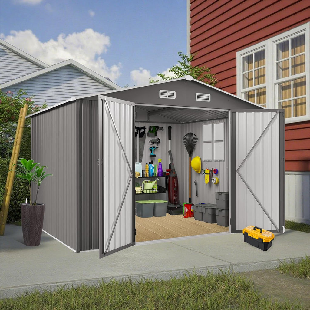 10x8 FT Outdoor Storage Shed with Window, Metal Sheds & Outdoor Storage with Lockable Door and 4 Vents, Outside Storage Shed Waterproof for Backyard, Garden, Patio, Gray