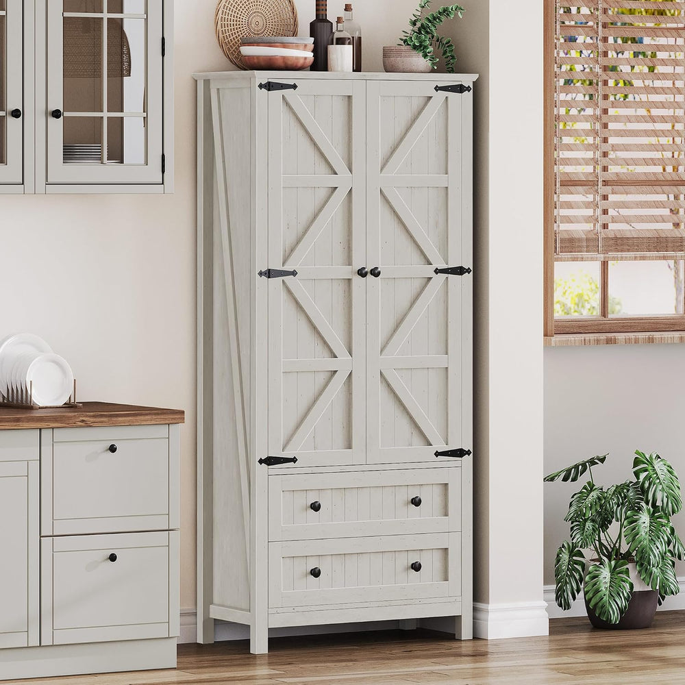 DWVO 64.5" Pantry Cabinet with Barn Doors, 2 Drawers & Shelves, Off ...