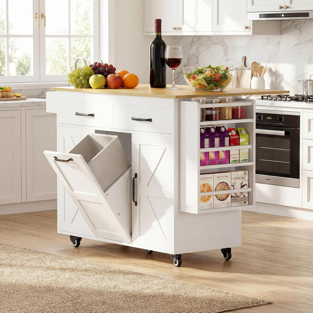 YESHOMY Kitchen Island on Wheels with Trash Cabinet, 56" Mobile Cart with Drop Leaf and Drawers, Rolling Portable Table with Spice Rack & Towel Holder for Dining Room, White & Brown