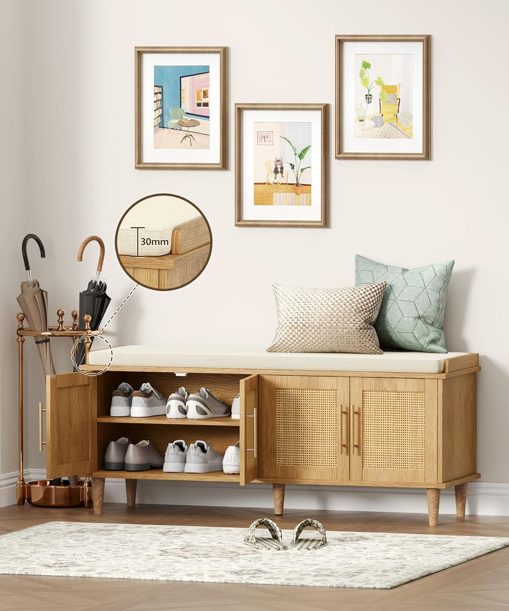 Akxomel 47.2" Rattan Shoe Storage Bench 4 Doors Wooden Entryway Bench Oa...