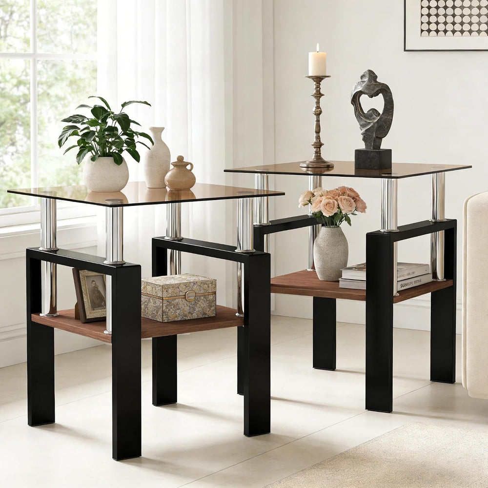 Glass Side Table Set of 2, Small 2-Tier End Table with Tempered Glass Top and...