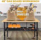48"/60'' Adjustable Workbench, Rubber Wood Work Bench Heavy-Duty with Partition,2000 LBS Load Capacity Hardwood Work Table for Garage, Workshop, Home, Office, Easy Assembly (w/partition,48'')