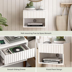 Fluted Floating Nightstand Set of 2 with Drawer, Modern Night Stand with Fluted Door and Open Storage Shelf Wall Mounted Bedside Table for Bedroom, Entryway White