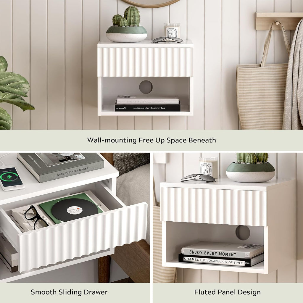 Small Floating Nightstand with Drawer, Modern Night Stand with Fluted Door and Open Storage Shelf Wall Mounted Bedside Table for Bedroom, Entryway White