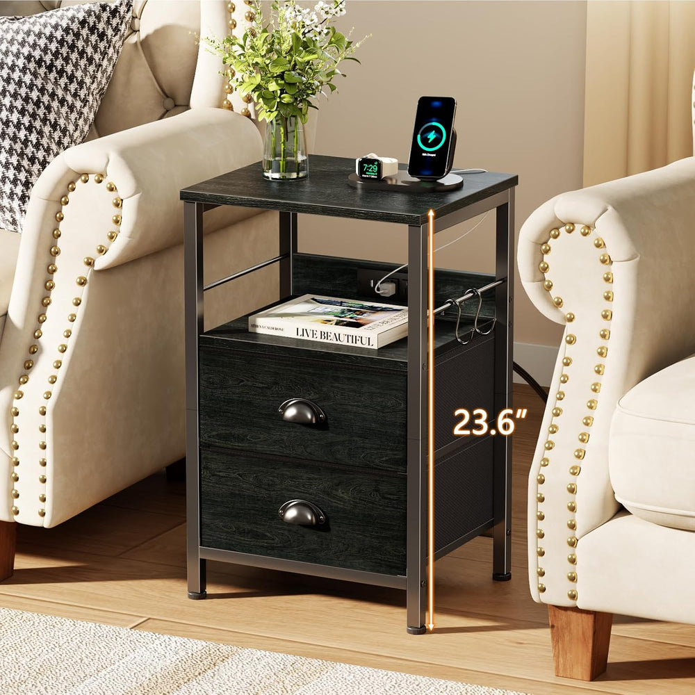 Furologee Nightstand with Charging Station, 2 Fabric Drawers, Black Oak | Nig...