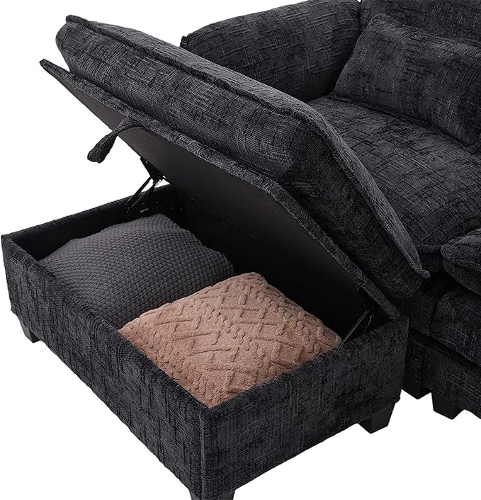 Ball & Cast Modular Sectional Sofa,Comfy Cloud Couch with Movable Storage Ottoman,L Shaped Sectional Sofa W/USB Charging Port,Phone Holder and Side Pocket,Chenille Fabric,for Living Room,Black,109"
