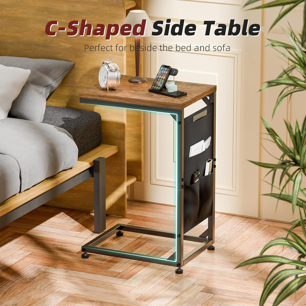 Simple Trending C Shaped End Table, Side Table TV Trays Set of 2 with Fabric Storage Bag, Couch Sofa Table for Living Room, Rustic Brown