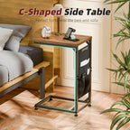 Simple Trending C Shaped End Table, Side Table TV Trays Set of 2 with Fabric Storage Bag, Couch Sofa Table for Living Room, Rustic Brown