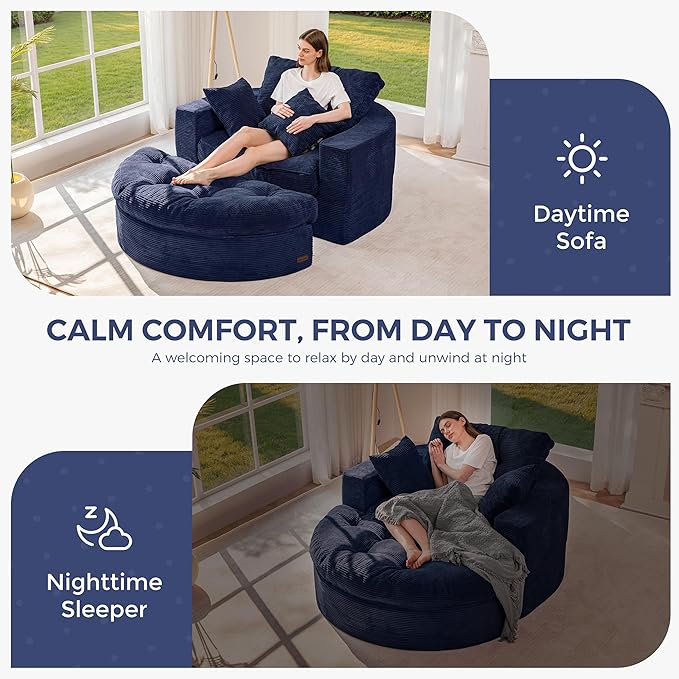 MAXYOYO Modular Sectional Chaise Lounge Sofa, Round Upholstered Lounge Chair with Ottoman, Comfy Couch with Layered Cushion, Tufted Sleeper Chair for Living Room, Navy