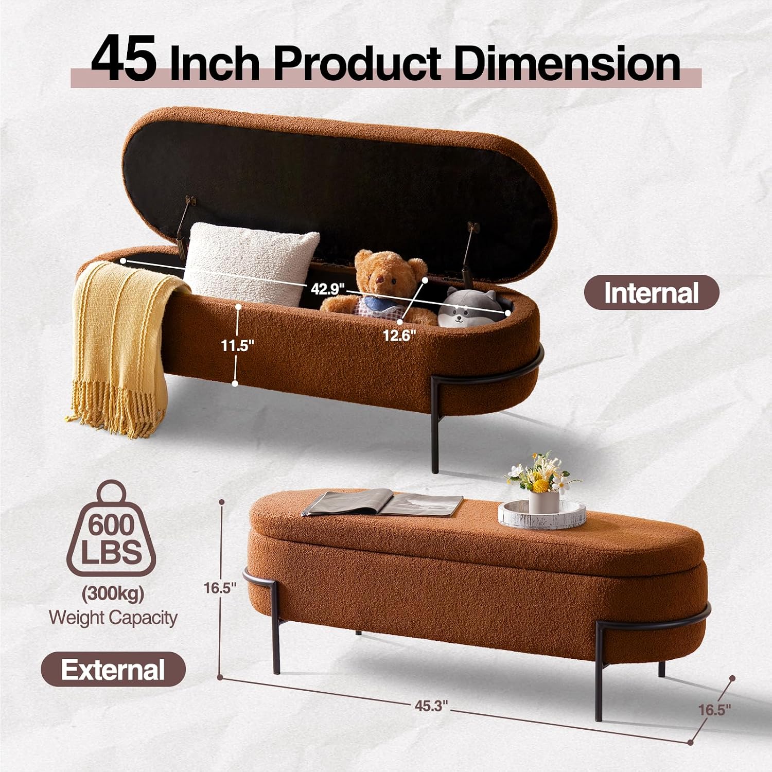 FiveWillowise 45 Inch Sherpa Storage Ottoman Bench,End of Bed Bench | Upholstered Boucle Storage Bench with Storage,Metal Stand and Hinges,Oval Ottomans for Living Room,Bedroom,Brown