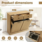 Grepatio Tilt Out Fluted Laundry Hamper Cabinet, 22 Gallon Double Hidden Laundry Hamper, Wooden Trash Can Cabinets with 2 Drawers, Modern Garbage Can Cabinet for Bathroom, Kitchen (Natural, Double)