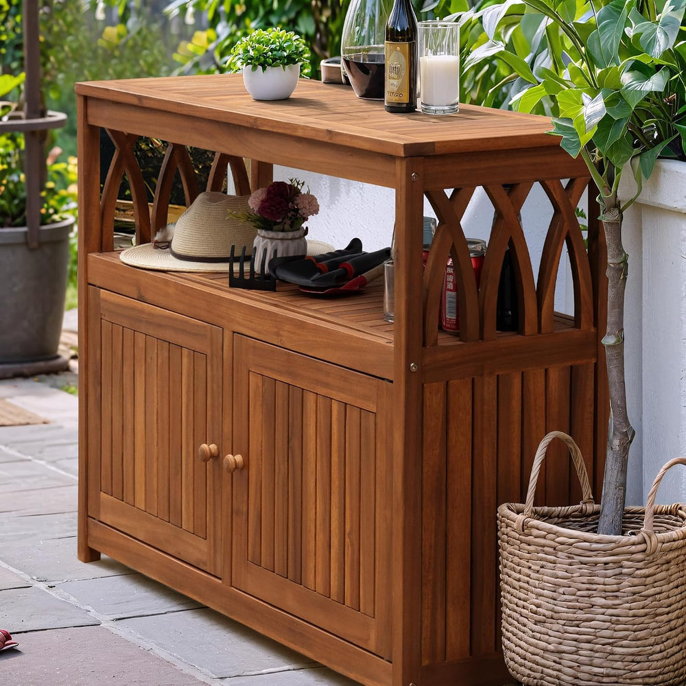 Flamaker Acacia Wood Outdoor Storage Cabinet,Waterproof Potting Table,Brown