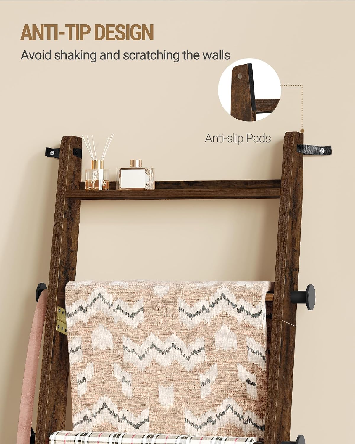 Hzuaneri Blanket Ladder, Decorative Quilt Rack with 4 Removable Hooks | 5-Tier Blanket Ladder Shelf for Bedroom Living Room, Rustic Brown BR30501X