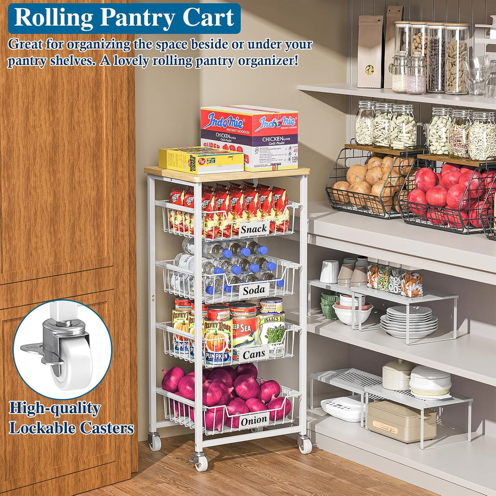 OKZEST 5-Tier Kitchen Storage Cart with 4 Upgraded Drawer Basket & Wood T...