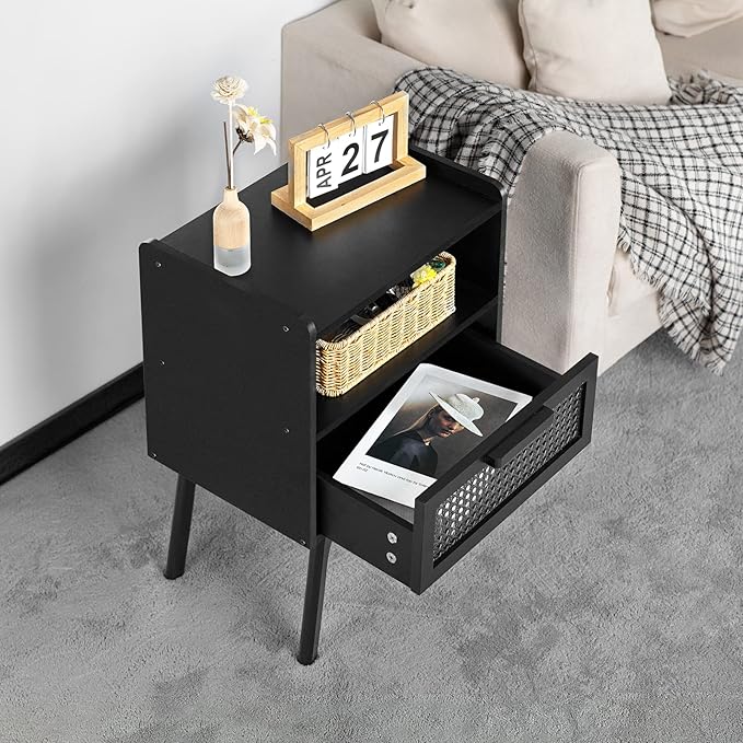 Lerliuo Rattan Nightstands Set of 2, Boho Side Table with Drawer Open Shelf, ...