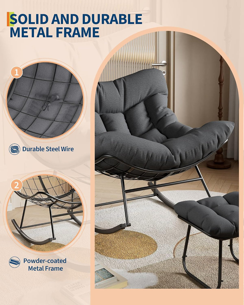 GarveeLife Oversized Papasan Rocking Chair with Footrest, Outdoor Lounge Chai...