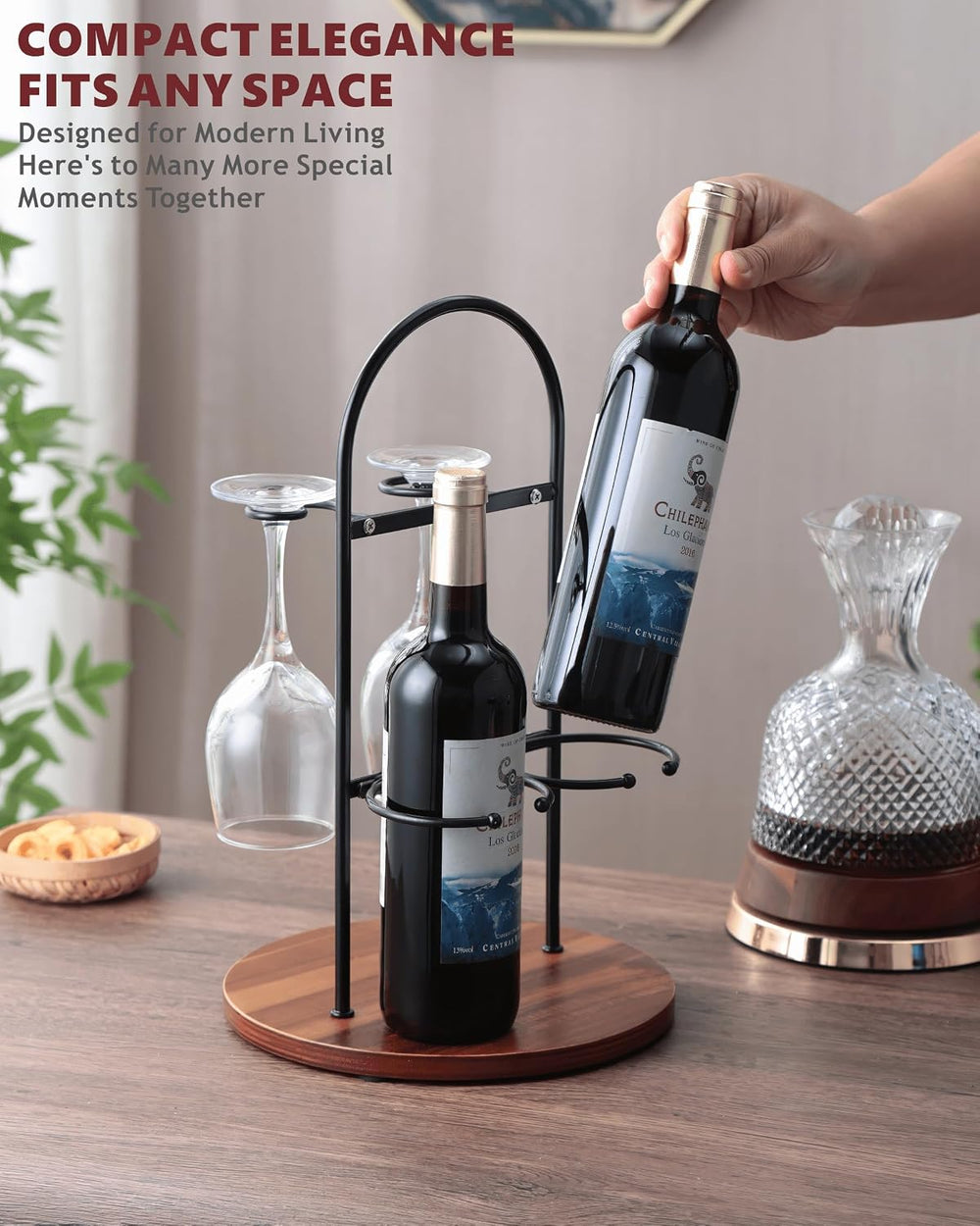 Wine Bottle and Glass Holder for Countertop | Small Wine Rack for 2 Bottles &...