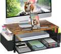 AUPSEN Wood Desk Organizers and Accessories, 2-Tier Computer Monitor Stand Riser with Drawer, Pen Storage & Phone Holder, Office Desk Accessories, Workspace Desktop Organization for Office Supplies（Brown）