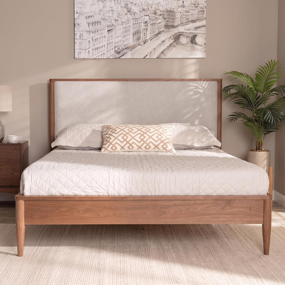 SOFTSEA Solid Wood Queen Bed Frame with Upholstered Headboard, Mid Century Mo...