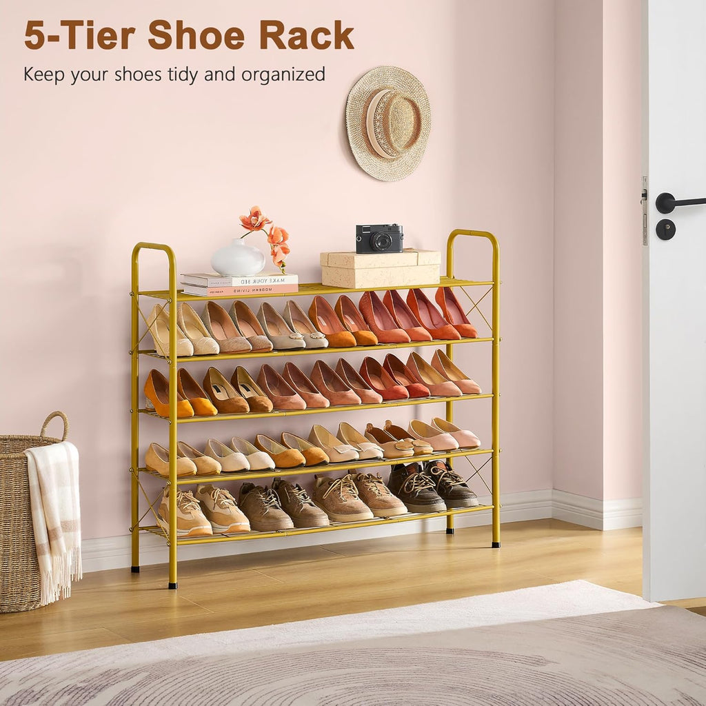 Hoctieon 5 Tier Shoe Rack for Closet, Durable Mesh Style Shoe Rack, Entryway Shoe Shelf, Shoe Storage Organizer for Hallway, Bedroom, Living Room, Wardrobe, Gold