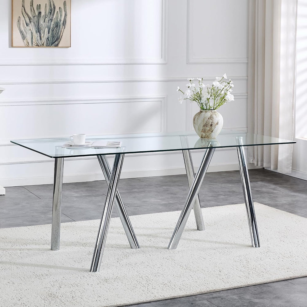 Glass Dining Table for 4 6 8 Pepole,71 Inch Rectangle Kitchen Dining Room Tab...