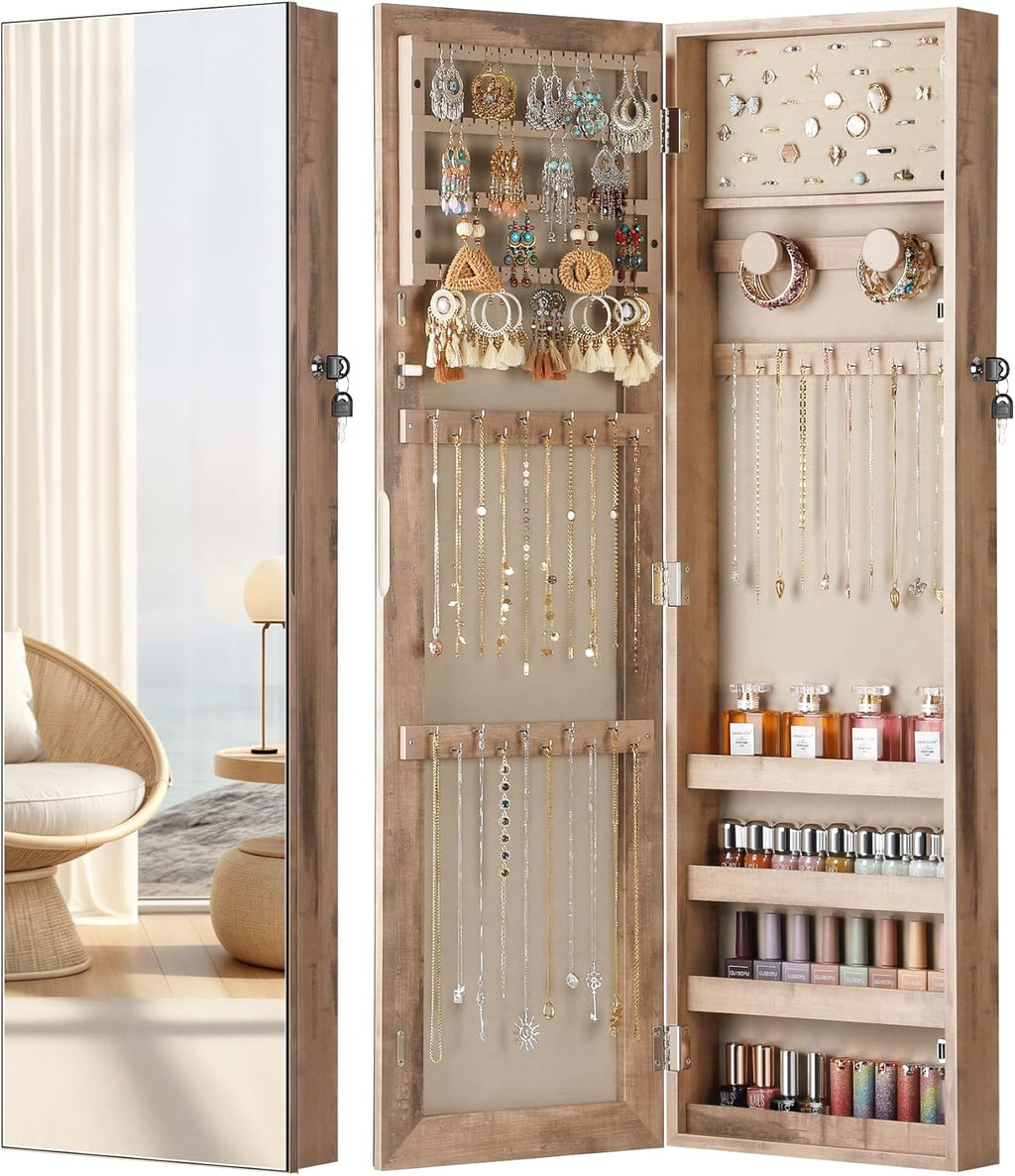 Nicetree Mirror Jewelry Cabinet, Jewelry Armoire with Full Length Mirror,Mirror with Jewelry Storage Wall/Door Mounted, Lockable Jewelry Armoire Organizer,Toasted Oak